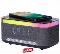 Gratis (t.w.v. 29,99) Digitale Wekker met draadloze oplaadfunctie en bluetooth speaker